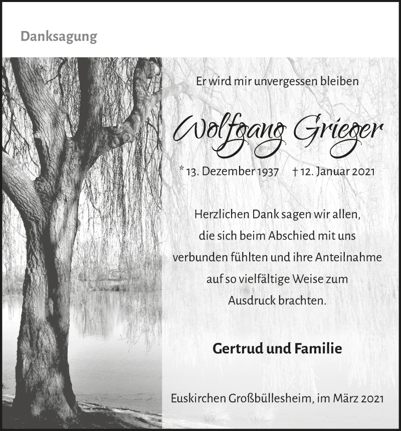  Traueranzeige für Wolfgang Grieger vom 06.03.2021 aus  Blickpunkt Euskirchen 