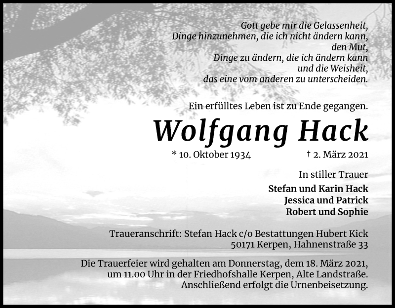  Traueranzeige für Wolfgang Hack vom 13.03.2021 aus Kölner Stadt-Anzeiger / Kölnische Rundschau / Express