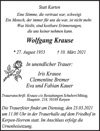 Anzeige von Wolfgang Krause von  Werbepost 