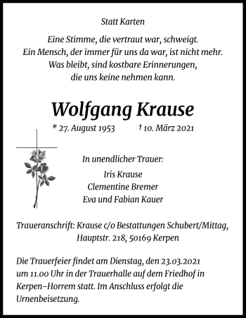 Anzeige von Wolfgang Krause von Kölner Stadt-Anzeiger / Kölnische Rundschau / Express