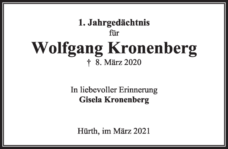  Traueranzeige für Wolfgang Kronenberg vom 05.03.2021 aus  Wochenende 