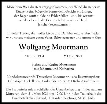Anzeige von Wolfgang Moormann von Kölner Stadt-Anzeiger / Kölnische Rundschau / Express