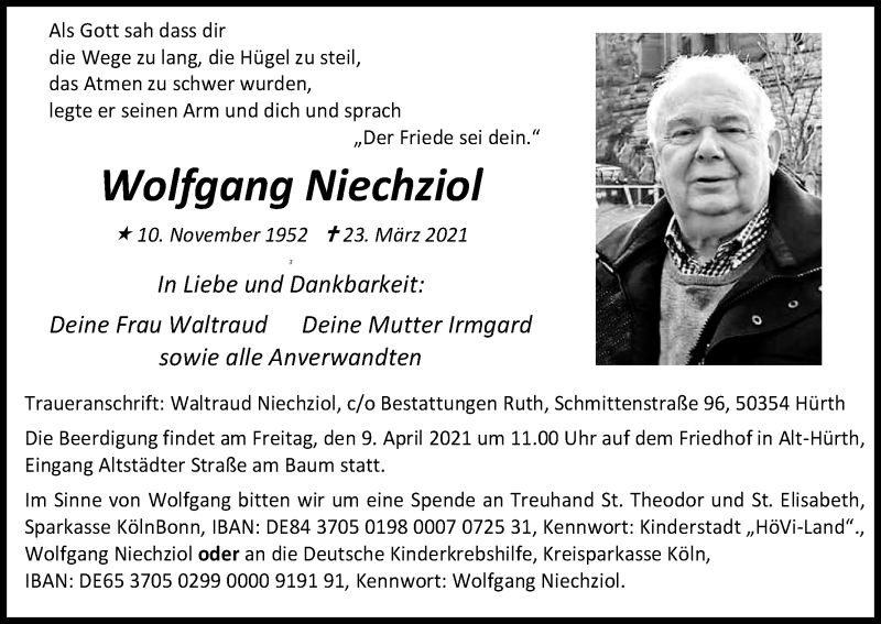  Traueranzeige für Wolfgang Niechziol vom 31.03.2021 aus Kölner Stadt-Anzeiger / Kölnische Rundschau / Express