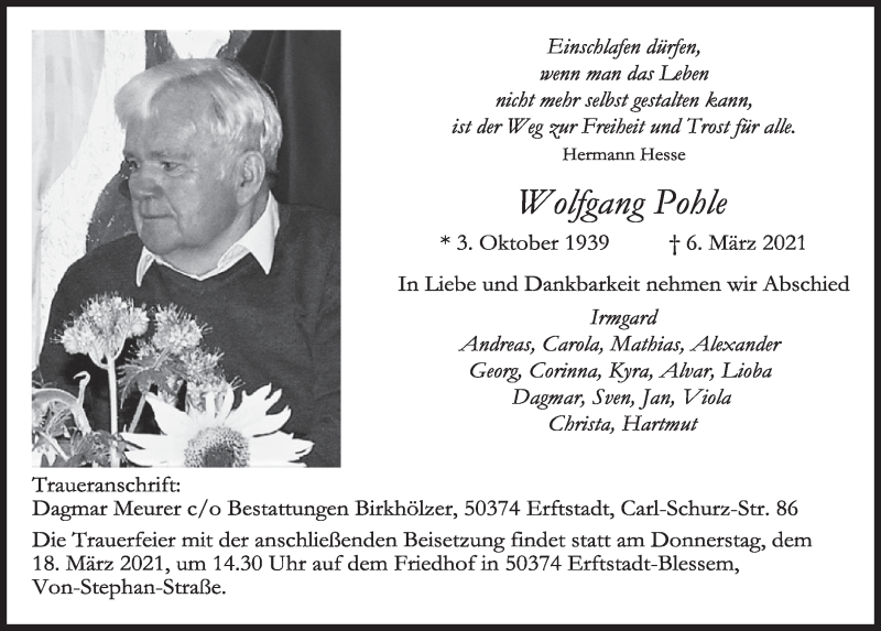  Traueranzeige für Wolfgang Pohle vom 12.03.2021 aus  Werbepost 
