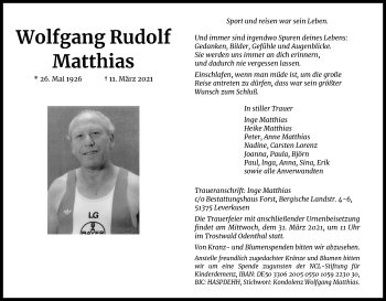 Anzeige von Wolfgang Rudolf Matthias von Kölner Stadt-Anzeiger / Kölnische Rundschau / Express