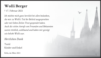 Anzeige von Wolli Berger von  Kölner Wochenspiegel 