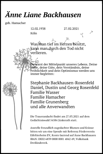 Anzeige von Änne Liane Backhausen von Kölner Stadt-Anzeiger / Kölnische Rundschau / Express