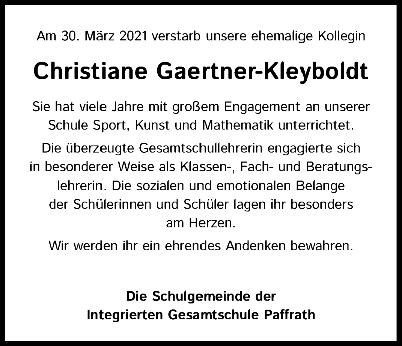 Traueranzeigen von Christiane GaertnerKleyboldt WirTrauern