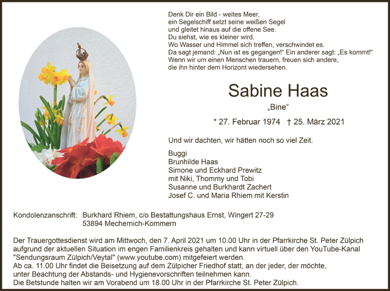  Traueranzeige für Sabine Haas vom 03.04.2021 aus Blickpunkt Euskirchen