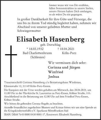 Anzeige von Elisabeth Hasenberg von  Kölner Wochenspiegel 
