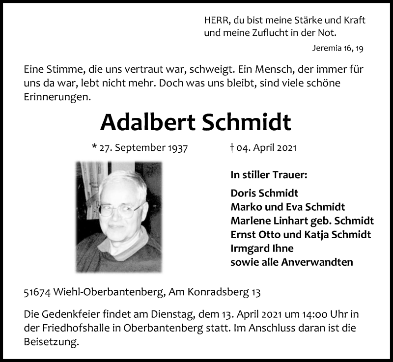  Traueranzeige für Adalbert Schmidt vom 10.04.2021 aus Kölner Stadt-Anzeiger / Kölnische Rundschau / Express