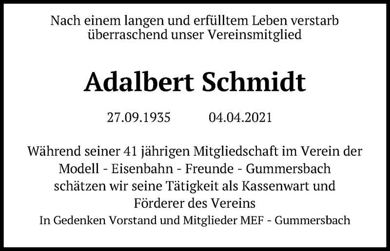  Traueranzeige für Adalbert Schmidt vom 14.04.2021 aus Kölner Stadt-Anzeiger / Kölnische Rundschau / Express