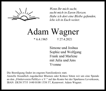 Anzeige von Adam Wagner von Kölner Stadt-Anzeiger / Kölnische Rundschau / Express