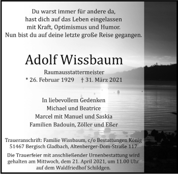 Anzeige von Adolf Wissbaum von  Bergisches Handelsblatt 