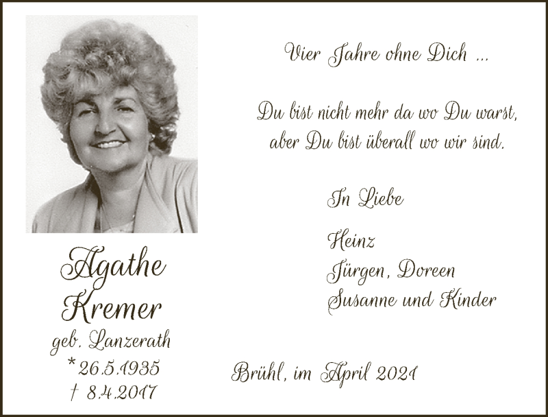  Traueranzeige für Agathe Kremer vom 09.04.2021 aus  Schlossbote/Werbekurier 