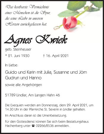 Anzeige von Agnes Kwiek von Kölner Stadt-Anzeiger / Kölnische Rundschau / Express