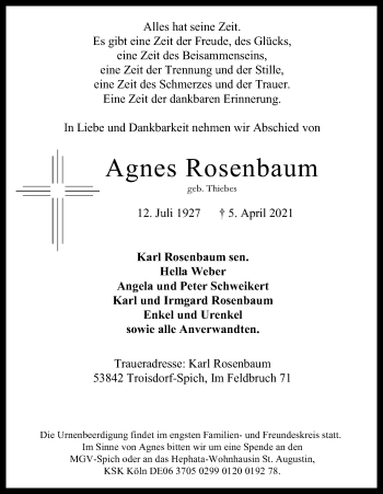 Anzeige von Agnes Rosenbaum von Kölner Stadt-Anzeiger / Kölnische Rundschau / Express
