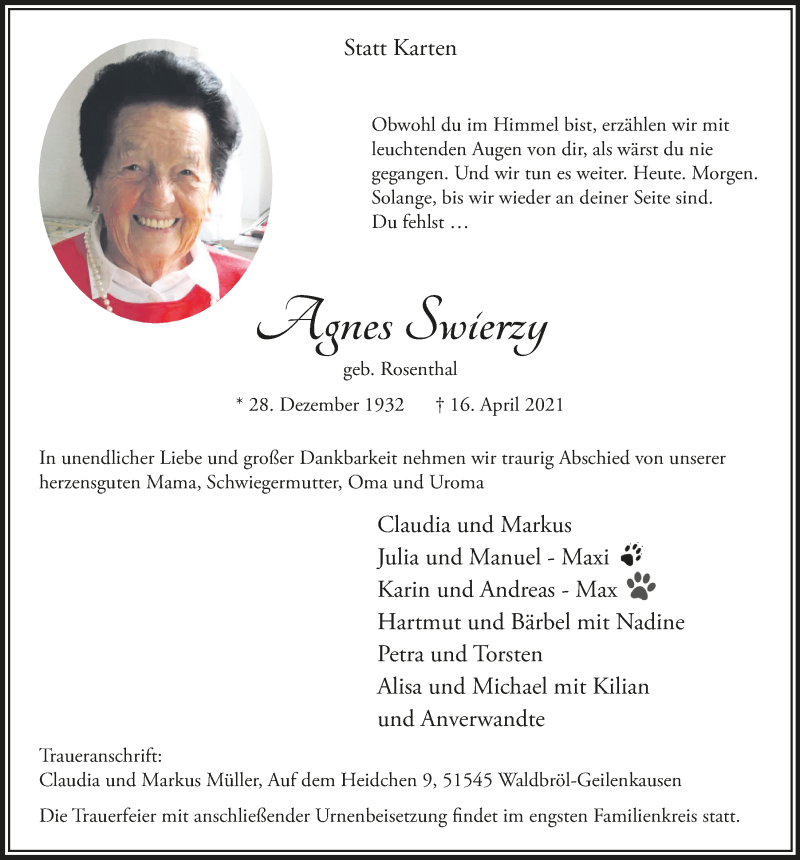  Traueranzeige für Agnes Swierzy vom 23.04.2021 aus  Lokalanzeiger 