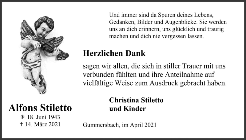  Traueranzeige für Alfons Stiletto vom 23.04.2021 aus  Anzeigen Echo 