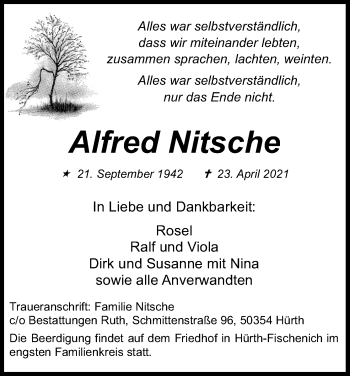 Anzeige von Alfred Nitsche von Kölner Stadt-Anzeiger / Kölnische Rundschau / Express