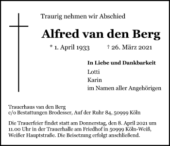 Anzeige von Alfred van den Berg von Kölner Stadt-Anzeiger / Kölnische Rundschau / Express