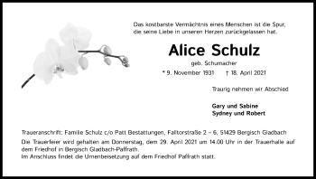 Anzeige von Alice Schulz von Kölner Stadt-Anzeiger / Kölnische Rundschau / Express