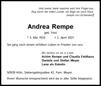 Anzeige von Andrea Rempe von Kölner Stadt-Anzeiger / Kölnische Rundschau / Express