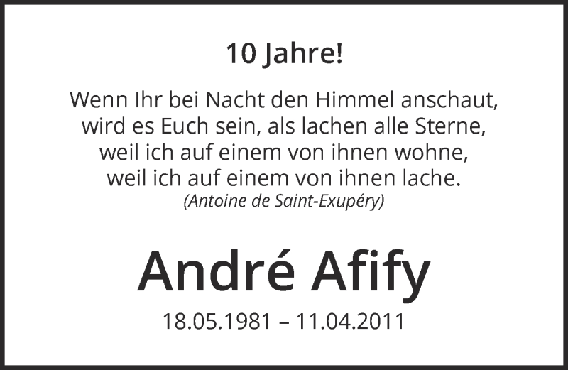  Traueranzeige für André Afify vom 09.04.2021 aus  Kölner Wochenspiegel 