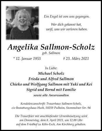 Anzeige von Angelika Sallmon-Scholz von Kölner Stadt-Anzeiger / Kölnische Rundschau / Express