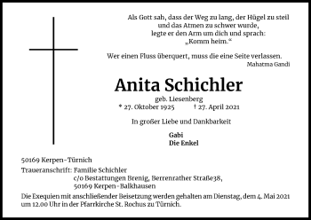 Anzeige von Anita Schichler von Kölner Stadt-Anzeiger / Kölnische Rundschau / Express
