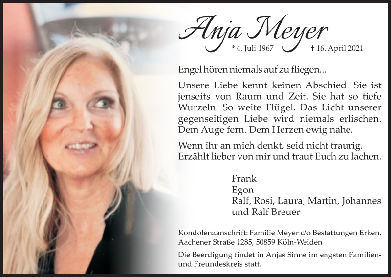  Traueranzeige für Anja Meyer vom 24.04.2021 aus Kölner Stadt-Anzeiger / Kölnische Rundschau / Express
