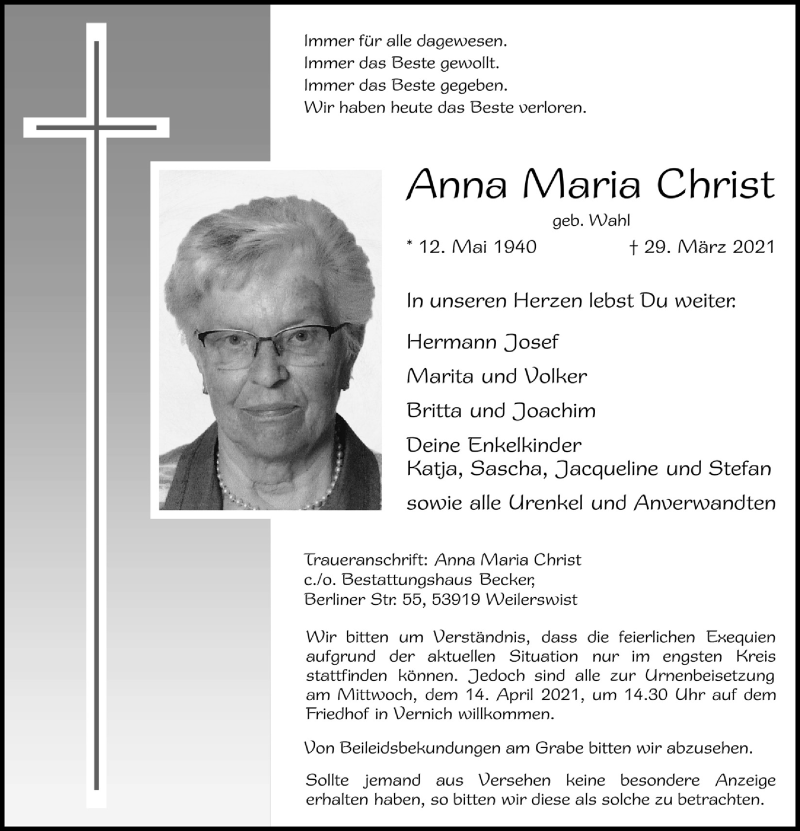  Traueranzeige für Anna Maria Christ vom 03.04.2021 aus  Blickpunkt Euskirchen 