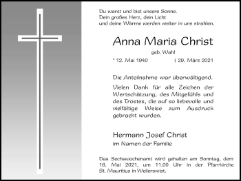 Anzeige von Anna Maria Christ von  Blickpunkt Euskirchen 
