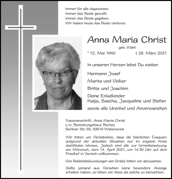 Anzeige von Anna Maria Christ von  Blickpunkt Euskirchen 