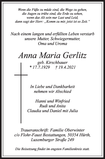 Anzeige von Anna Maria Gerlitz von  Wochenende 