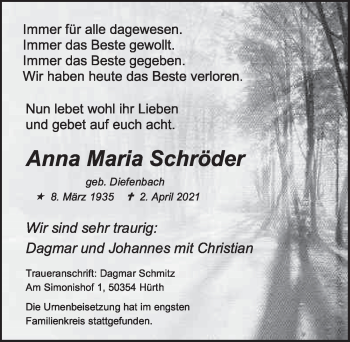 Anzeige von Anna Maria Schröder von  Wochenende 