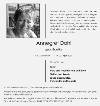 Anzeige von Annegret Dahl von Kölner Stadt-Anzeiger / Kölnische Rundschau / Express