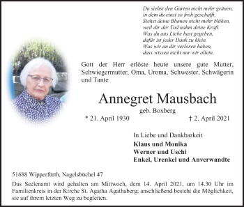 Anzeige von Annegret Mausbach von Kölner Stadt-Anzeiger / Kölnische Rundschau / Express