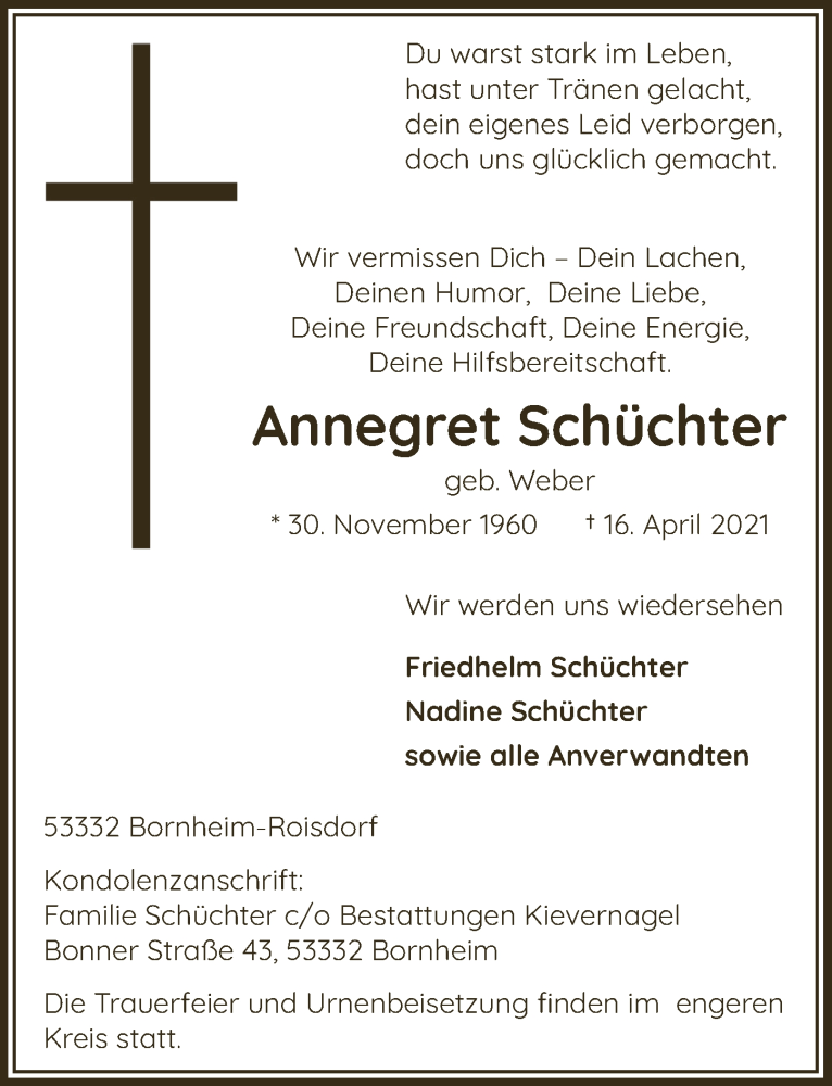  Traueranzeige für Annegret Schüchter vom 23.04.2021 aus  Schaufenster/Blickpunkt 