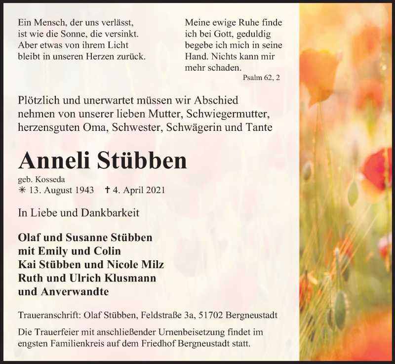  Traueranzeige für Anneli Stübben vom 10.04.2021 aus Kölner Stadt-Anzeiger / Kölnische Rundschau / Express