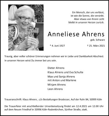 Anzeige von Anneliese Ahrens von Kölner Stadt-Anzeiger / Kölnische Rundschau / Express
