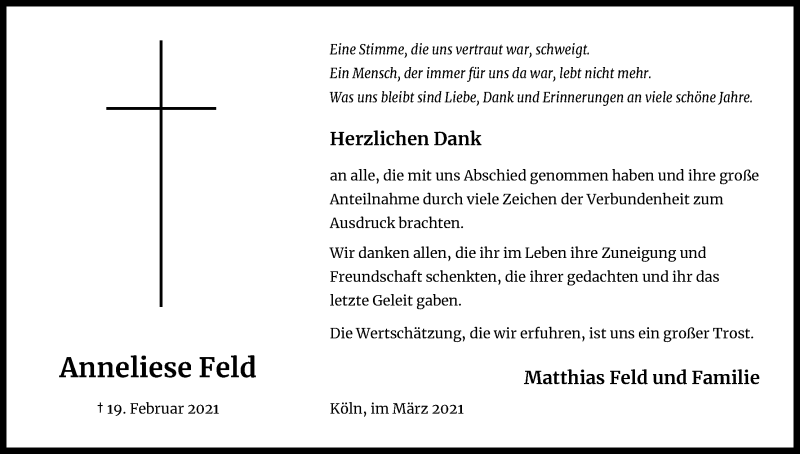  Traueranzeige für Anneliese Feld vom 03.04.2021 aus Kölner Stadt-Anzeiger / Kölnische Rundschau / Express