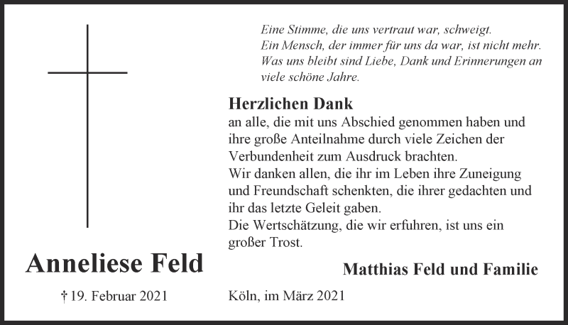  Traueranzeige für Anneliese Feld vom 01.04.2021 aus  Kölner Wochenspiegel 