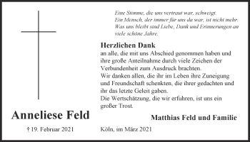 Anzeige von Anneliese Feld von  Kölner Wochenspiegel 