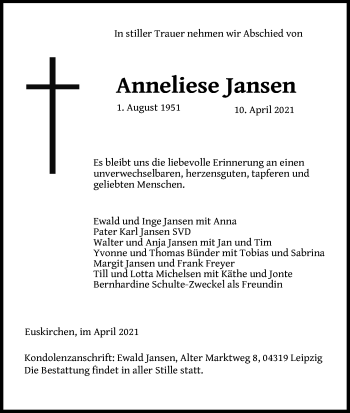 Anzeige von Anneliese Jansen von Kölner Stadt-Anzeiger / Kölnische Rundschau / Express
