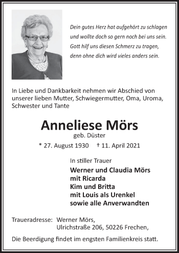 Anzeige von Anneliese Mörs von  Wochenende 