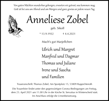 Anzeige von Anneliese Zobel von Kölner Stadt-Anzeiger / Kölnische Rundschau / Express