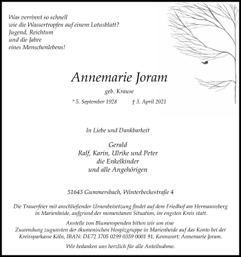 Anzeige von Annemarie Joram von Kölner Stadt-Anzeiger / Kölnische Rundschau / Express
