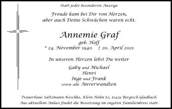 Anzeige von Annemie Graf von Kölner Stadt-Anzeiger / Kölnische Rundschau / Express