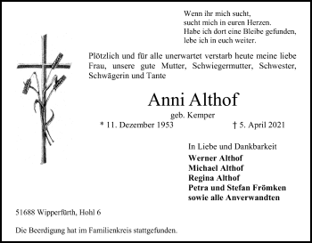 Anzeige von Anni Althof von Kölner Stadt-Anzeiger / Kölnische Rundschau / Express